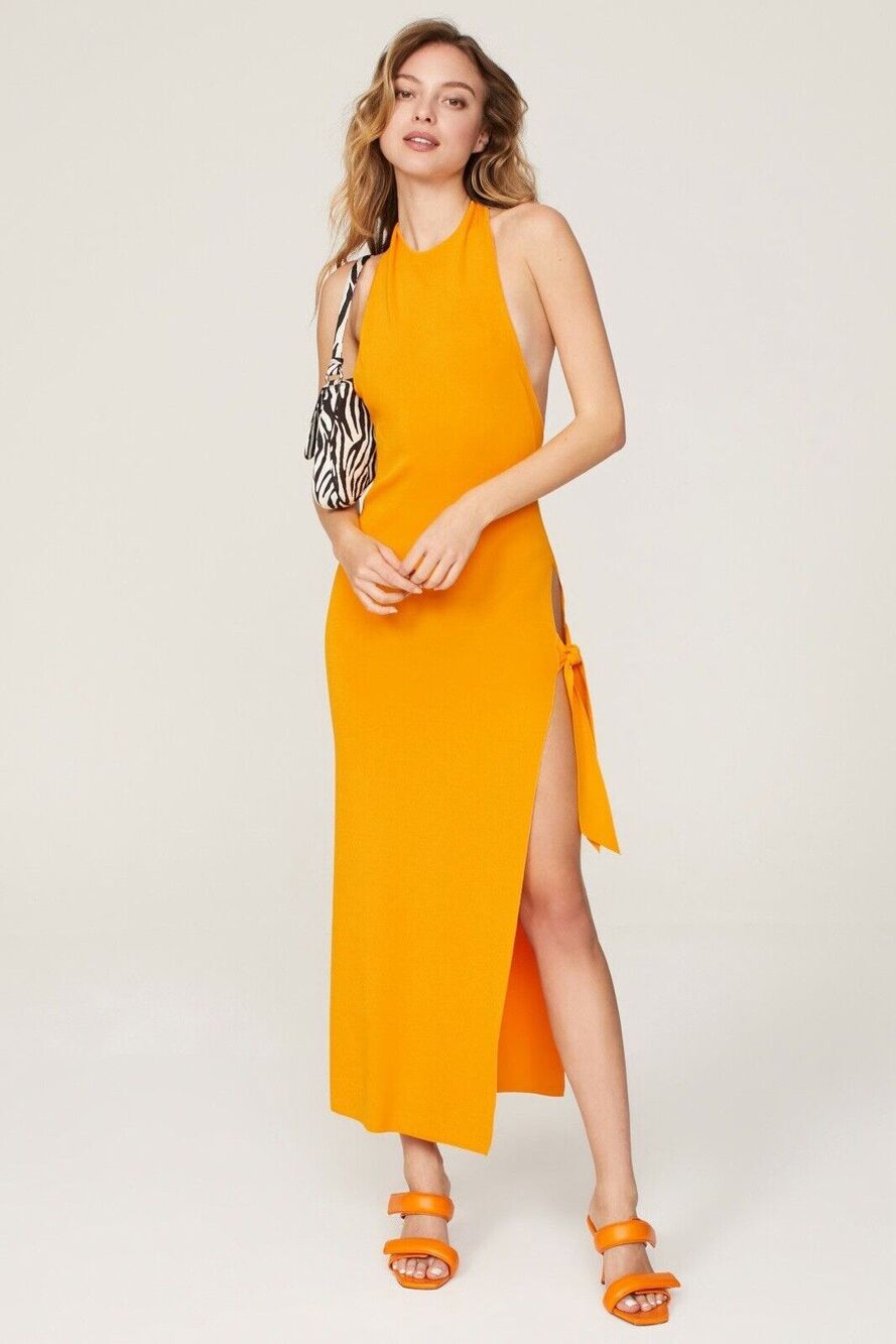 Simon Miller Junjo Halter Orange Maxi Dress Tie High Slit Vacation L *flaw